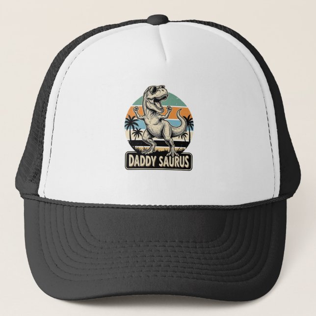 Daddy Saurus Retro Dinosaur Sunset Shirt Design_1 Trucker Hat (Front)