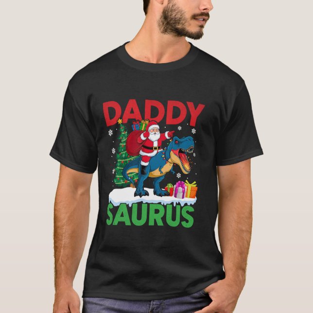 Daddy Saurus T Rex Christmas Santa Lights Tree Din T-Shirt (Front)