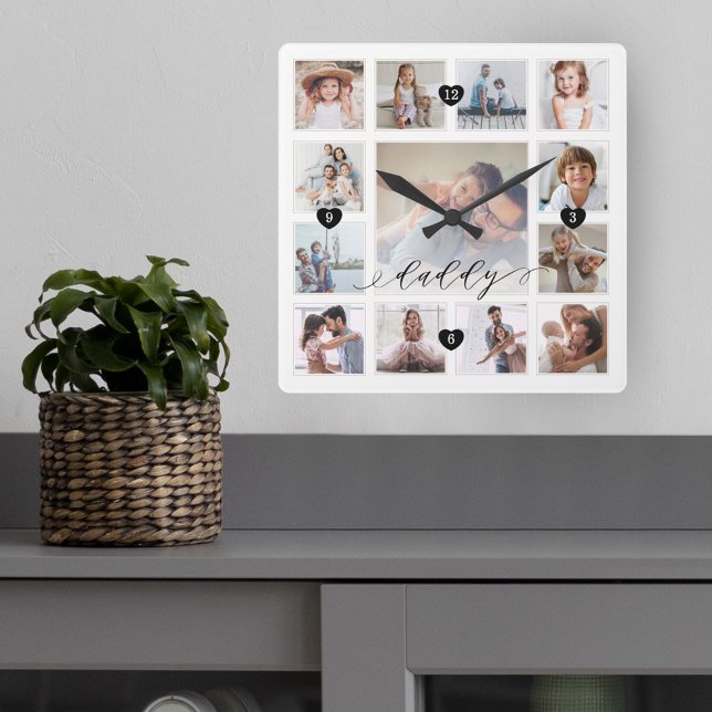 Daddy Script Family Memory Photo Grid Collage Square Wall Clock (Creator Uploaded)