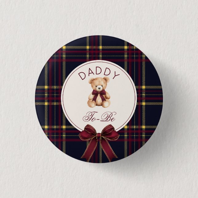 Daddy To be Wine Red Plaid Teddy Bear 3 Cm Round Badge (Front)