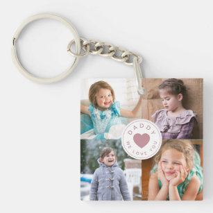 Daddy We Love You Kids Photo Collage Pink Heart Key Ring