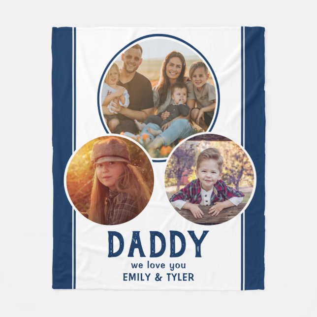 Daddy we love you Navy Blue 3 Photo Father`s Day Fleece Blanket (Front)