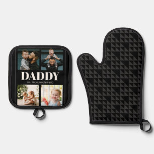 Daddy You are our Superhero Photo Collage Pattern Oven Mitt & Pot Holder Set