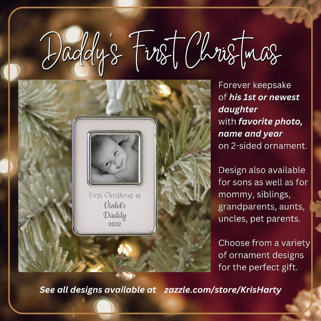 Daddy's 1st Christmas Personalised Name Year Photo Silver Plated Framed Ornament (First Christmas as Daddy to 1st or newest daughter. Gift him this forever keepsake.)
