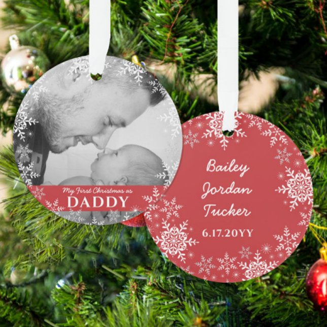 Daddy's First Christmas Snowflakes on Red Photo Ornament (Creator Uploaded)