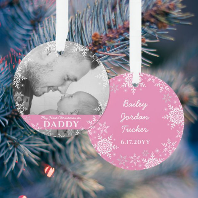 Daddy's First Christmas Snowflakes Pink Girl Photo Ornament (Creator Uploaded)
