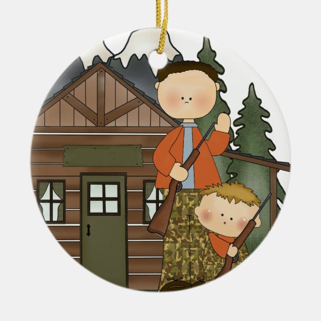 Daddys Little Hunter Rustic Log Cabin Customisable Ceramic Tree Decoration (Front)