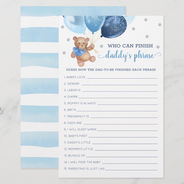 Daddy's Phrase Game Baby Shower Teddy Bear  (Front/Back)