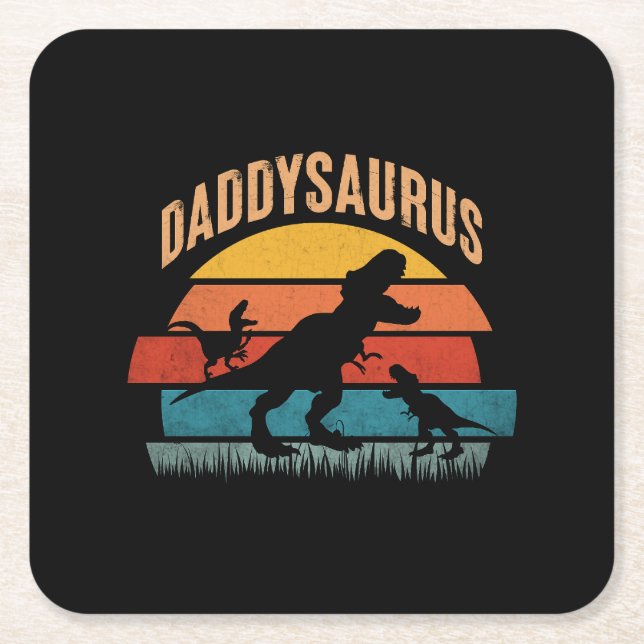 Daddysaurus - Fun Dinosaur Dad Design Square Paper Coaster (Front)
