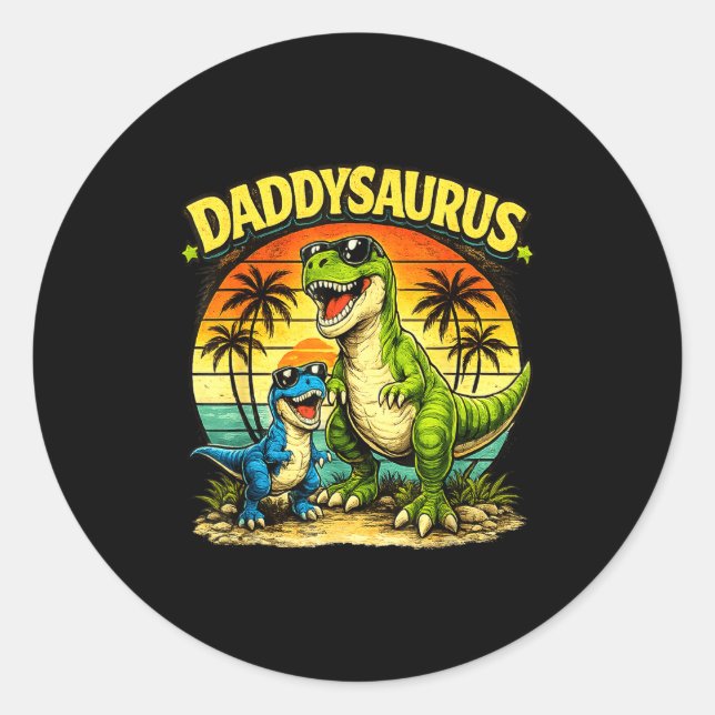 Daddysaurus funny dinosaur dad retro sunset classic round sticker (Front)