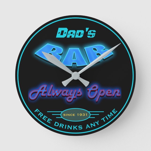 Dad's Bar Blue Faux Neon Look Any Date Any Name - Round Clock (Front)