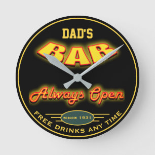 Dad's Bar Yellow Red Neon Look Any Date Any Name - Round Clock