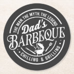Dad's Barbeque | Man, Myth, Legend Round Paper Coaster<br><div class="desc">This coaster features a design that says "Dad's Barbeque | Man,  Myth,  Legend" with a BBQ grill. Perfect for the grill master in your life or for Father's Day.</div>