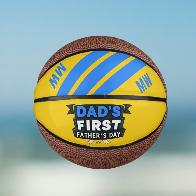 Dad's First Father's Day Yellow Blue Mini Basketball (A fun keepsake for the Dad celebrating his first Father's Day - add his initials!)