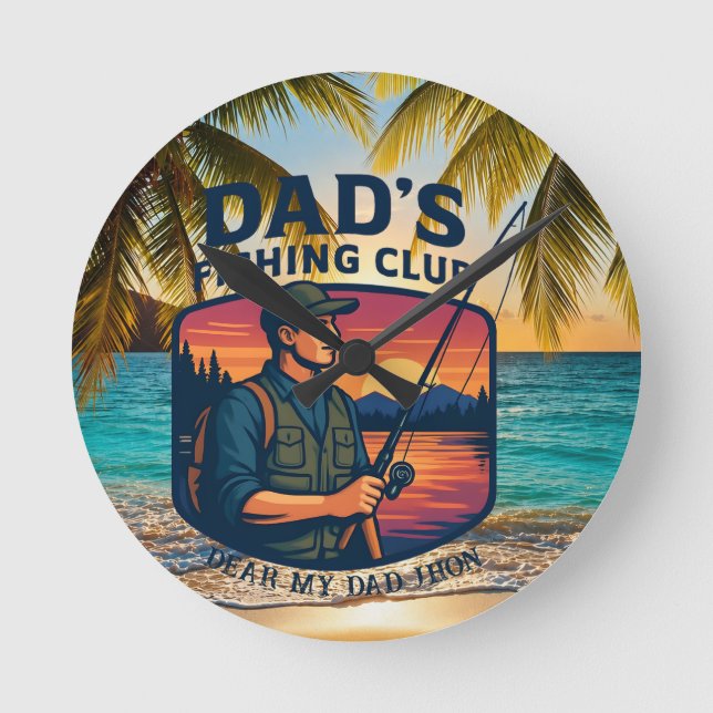 Dad's Fishing Club Retro Sunset Personalised Round Clock (Front)