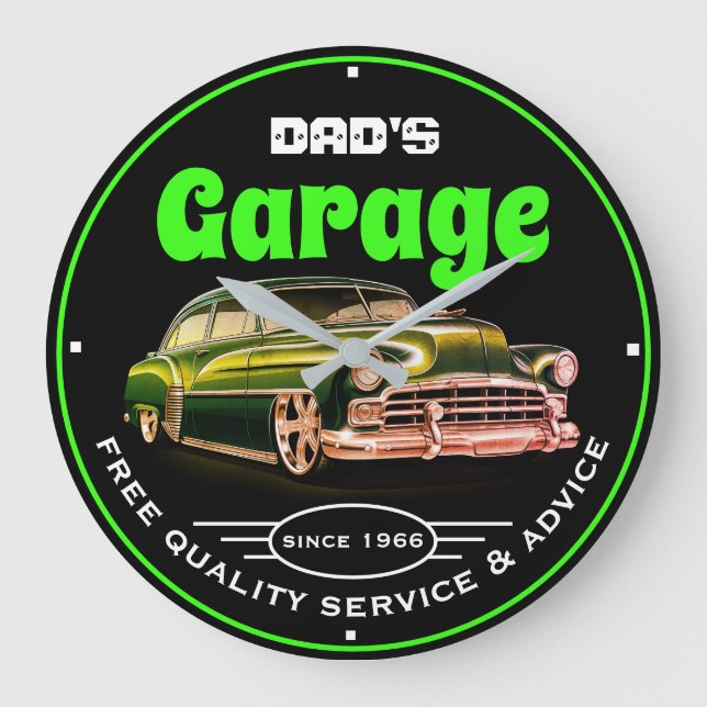Dad's Garage Any Name Always Open Green Fonts Large Clock (Front)