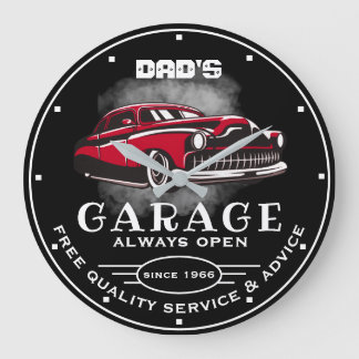 Dad's Garage Any Name Always Open Slogan Low Car Large Clock