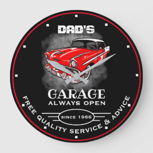 Dad's Garage Any Name Always Open Slogan Red Car Large Clock