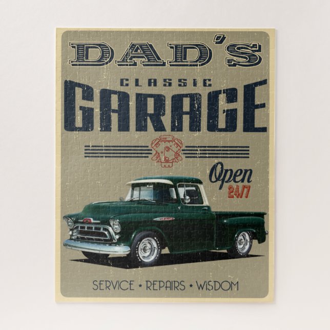 Dad's Garage Classic Green Pickup Truck Jigsaw Puzzle (Vertical)