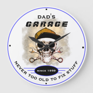 Dad's Garage Never Too Old Skull Wrenches Blue Large Clock