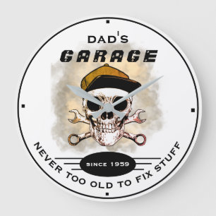 Dad's Garage Never Too Old Skull Wrenches White Bl Large Clock