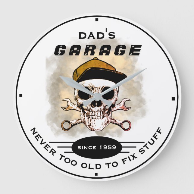 Dad's Garage Never Too Old Skull Wrenches White Bl Large Clock (Front)