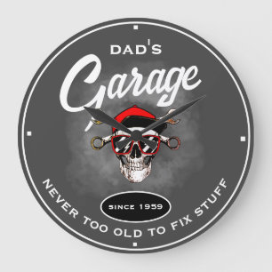 Dad's Garage Old Skull Tools Grey Funny Slogan Large Clock