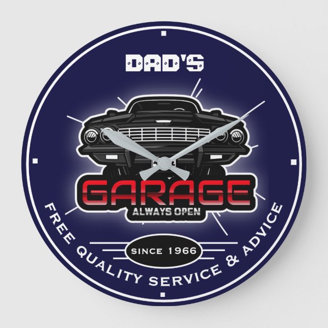 Dad's Garage or Any Name Always Open Blue Large Clock (Front)