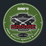 Dad's Garage or Any Name Always Open Green Large Clock<br><div class="desc">Dad's garage or any name garage with classic car digital graphic on a green background,  just use the customise this template option to change the text. Always open and quality service and advice typography with any date. Just choose the hand colour and size.</div>