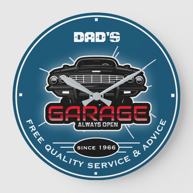 Dad's Garage or Any Name Always Open Ocean Blue Large Clock (Front)