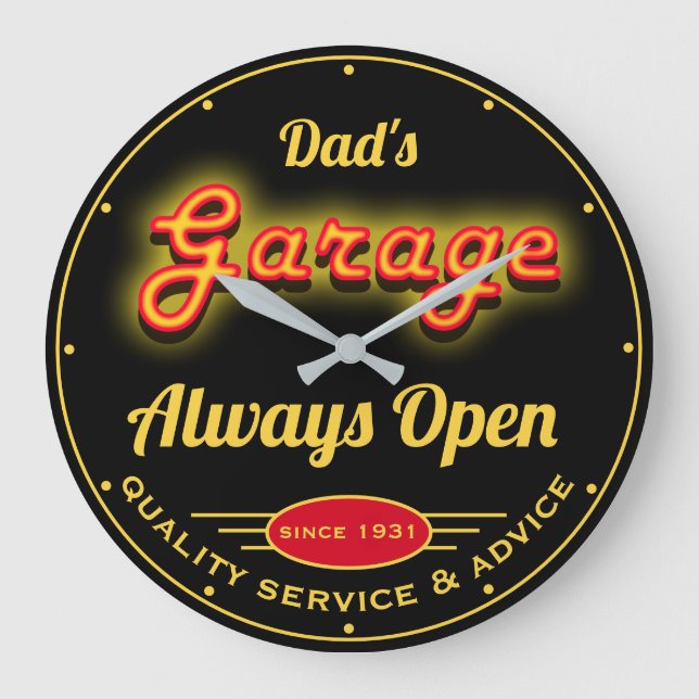 Dad's Garage Red Yellow Neon Look Date Name Black Large Clock (Front)