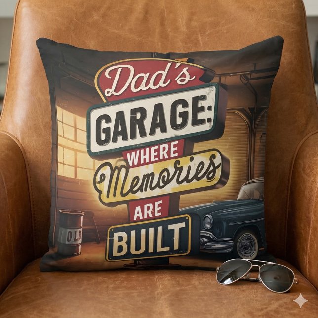 Dad's Garage Retro Vintage Automotive Sign Cushion (Dad's Garage Retro Vintage Automotive Sign Throw Pillow Mockup A)
