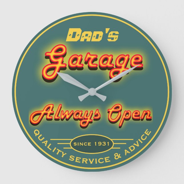 Dad's Garage Yellow & Teal Neon Look Any Name - Large Clock (Front)