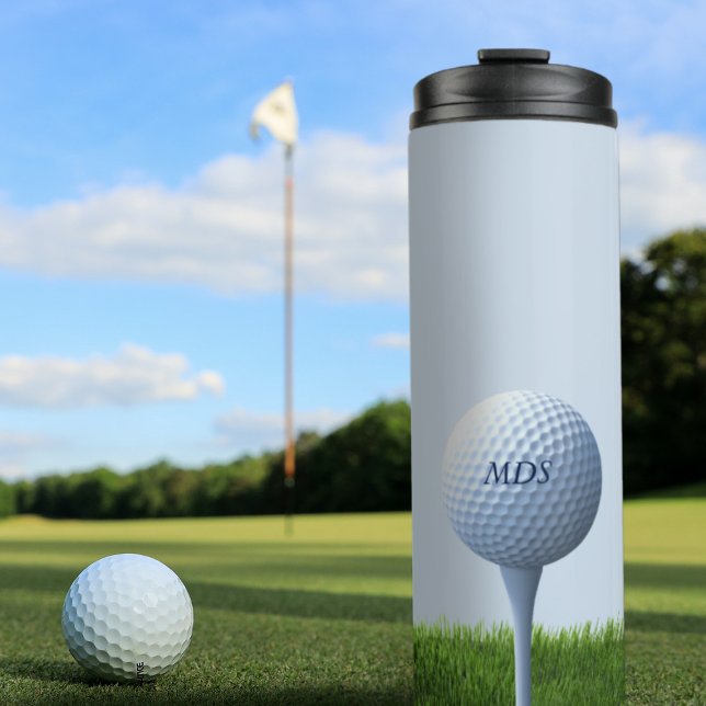 Dad's Golf Ball Tee Off Monogram Thermal Tumbler (A Golf Theme Teeing Off Thermal Tumbler with space for your initials)