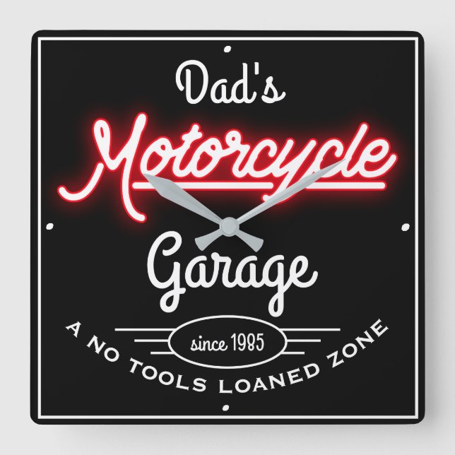 Dad's Motorcycle Garage Red Faux Neon Black  Square Wall Clock (Front)