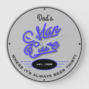 Dad's or Any Name Man Cave Retro Blue Grey Funny Large Clock