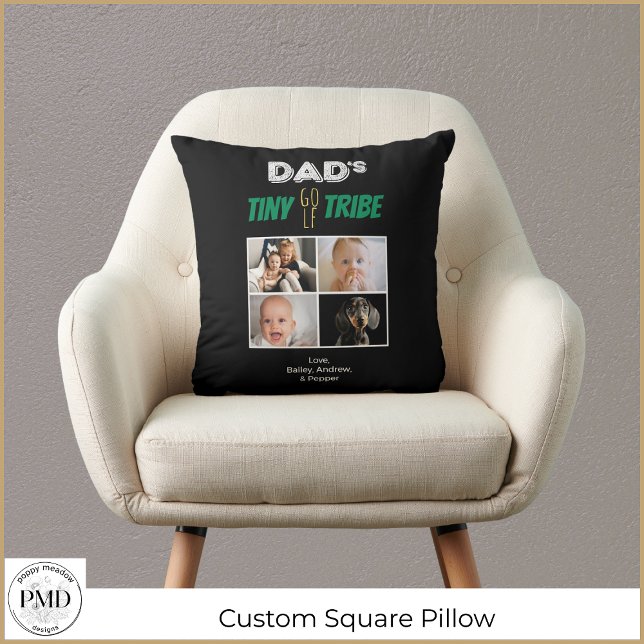Dads Tiny Golf Tribe Custom Father's Day 4 Photo Cushion (Dad's Tiny Golf Tribe Custom Fathers Day 4 Photo Square Throw Pillow with Children's Names, Photos.)
