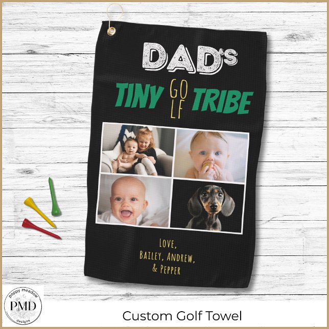 Dads Tiny Golf Tribe Custom Father's Day 4 Photo Towel (Dad's Tiny Golf Tribe Father's Day 4 Photo Black Golf Towel with Children's Names, Photos.)