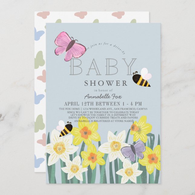 Daffodil Butterfly Bee Floral Drive-by Baby Shower Invitation (Front/Back)