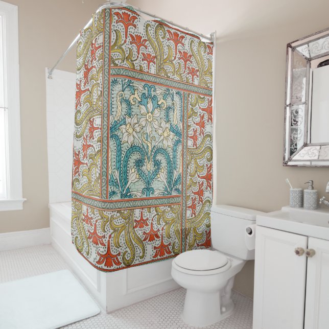 Daffodil chintz art nouveau flower wallpaper shower curtain (In Situ)
