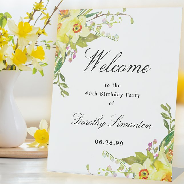 Daffodil Floral 40th Birthday Party Welcome Pedestal Sign (Creator Uploaded)