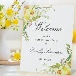 Daffodil Floral 60th Birthday Party Welcome Pedestal Sign<br><div class="desc">Welcome guests to your 60th birthday party with this elegant yellow daffodil welcome sign. A lush arrangement of blue flowers is placed at the top. Welcome is written in a large trending font. The remainder of the text is a classic combination of an upright and italic font. Very easy to...</div>