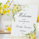 Daffodil Floral 70th Birthday Party Welcome Pedestal Sign<br><div class="desc">Welcome guests to your 70th birthday party with this elegant yellow daffodil welcome sign. A lush arrangement of blue flowers is placed at the top. Welcome is written in a large trending font. The remainder of the text is a classic combination of an upright and italic font. Very easy to...</div>