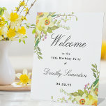 Daffodil Floral 90th Birthday Party Welcome Pedestal Sign<br><div class="desc">Welcome guests to your 90th birthday party with this elegant yellow daffodil welcome sign. A lush arrangement of blue flowers is placed at the top. Welcome is written in a large trending font. The remainder of the text is a classic combination of an upright and italic font. Very easy to...</div>
