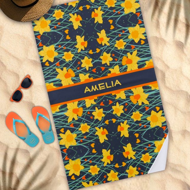 Daffodil Floral Custom Name Pattern Trendy Beach Towel (Creator Uploaded)
