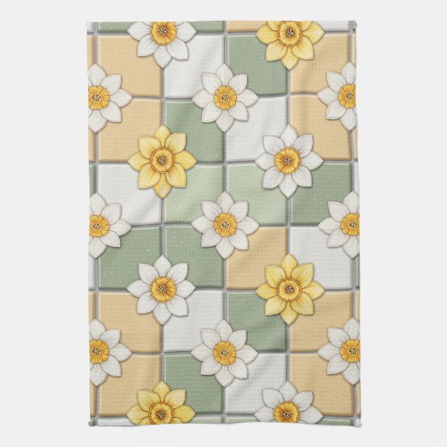 Daffodil Floral Tile Pattern Tea Towel (Vertical)