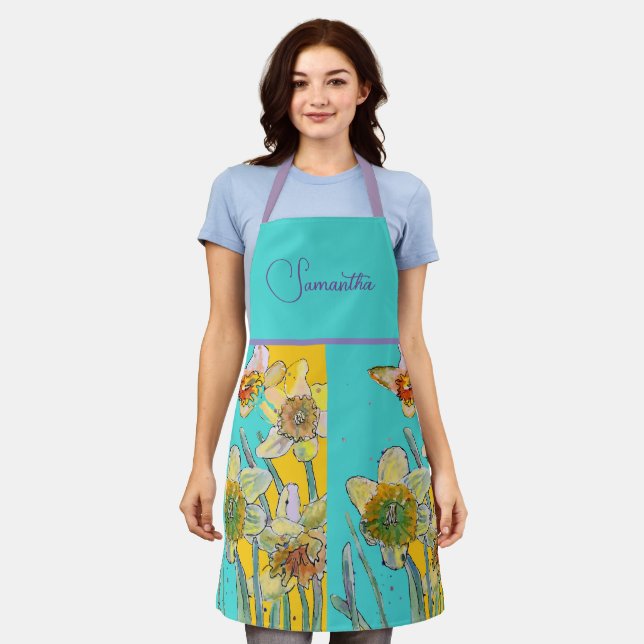 Daffodil Floral Yellow Turquoise Flower Pattern Apron (Worn)