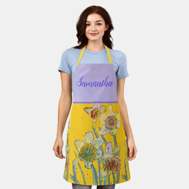 Daffodil Floral Yellow Viola Spring Flower Pattern Apron (Worn)