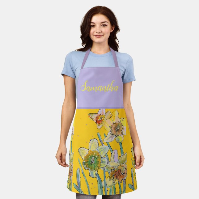Daffodil Floral Yellow Viola Spring Flower Pattern Apron (Worn)