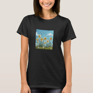Daffodil Flower Blooming With Bees Around Graphic T-Shirt